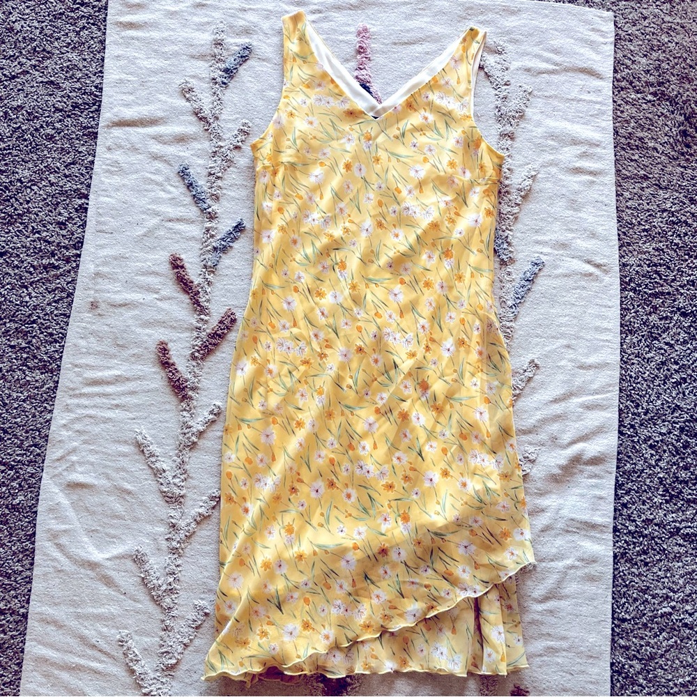 Vintage Meghan Matthews Chiffon Floral Yellow Sleeveless Dress size 12